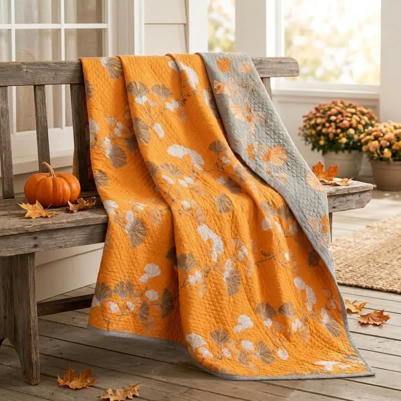Coperta trapuntata reversibile con motivo botanico di Ginkgo - image 11