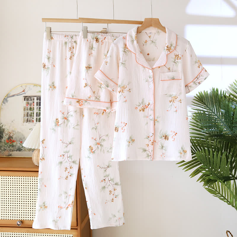 Set da salotto a 3 pezzi in garza di cotone con motivi botanici e terrosi - Rosa - XL - image 0