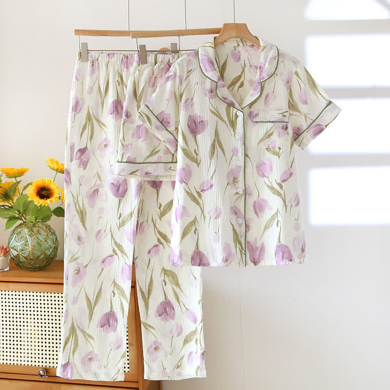 Completo pigiama a 3 pezzi in garza di cotone con motivo tulipani romantici - Beige - XL - image 0