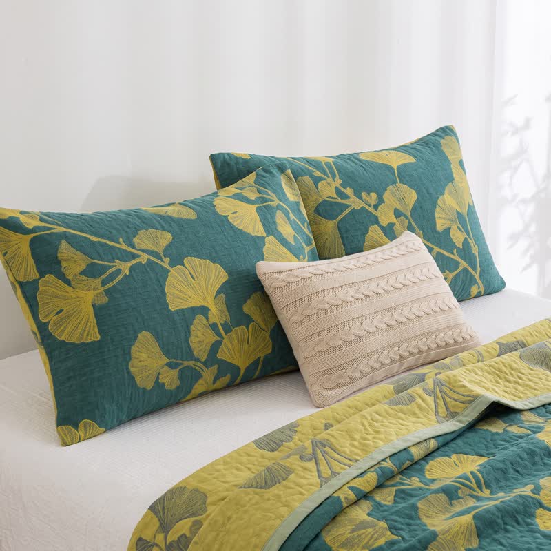 Trapunta reversibile in cotone con motivo a foglie di ginkgo nordico - Verde - 2 federe - 51cm x 91cm - image 5