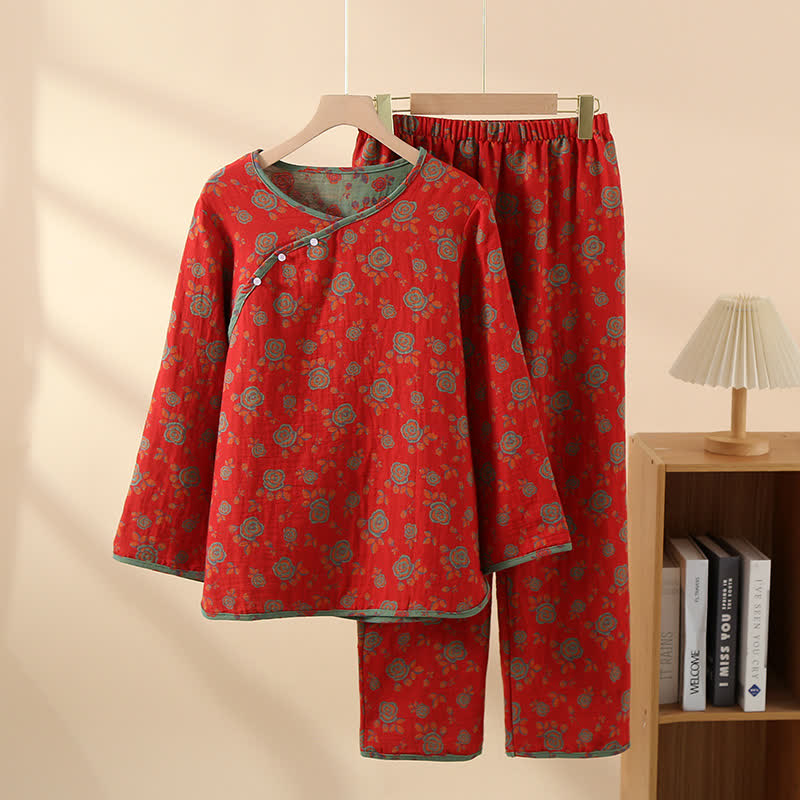 Completo pigiama orientale in cotone con bottoni laterali e stampa floreale - Rosso - XL - image 0