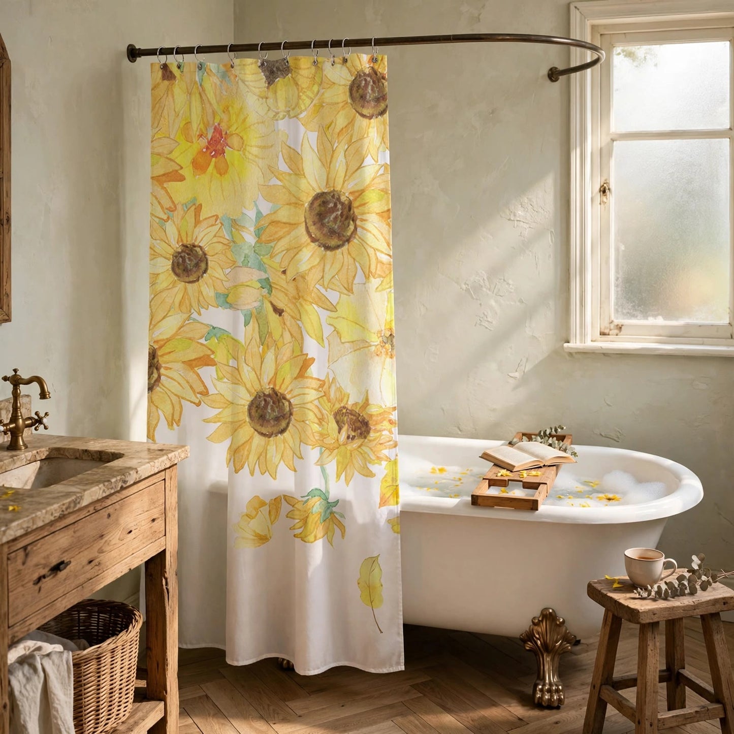 Tenda da doccia impermeabile con girasoli rustici - image 1
