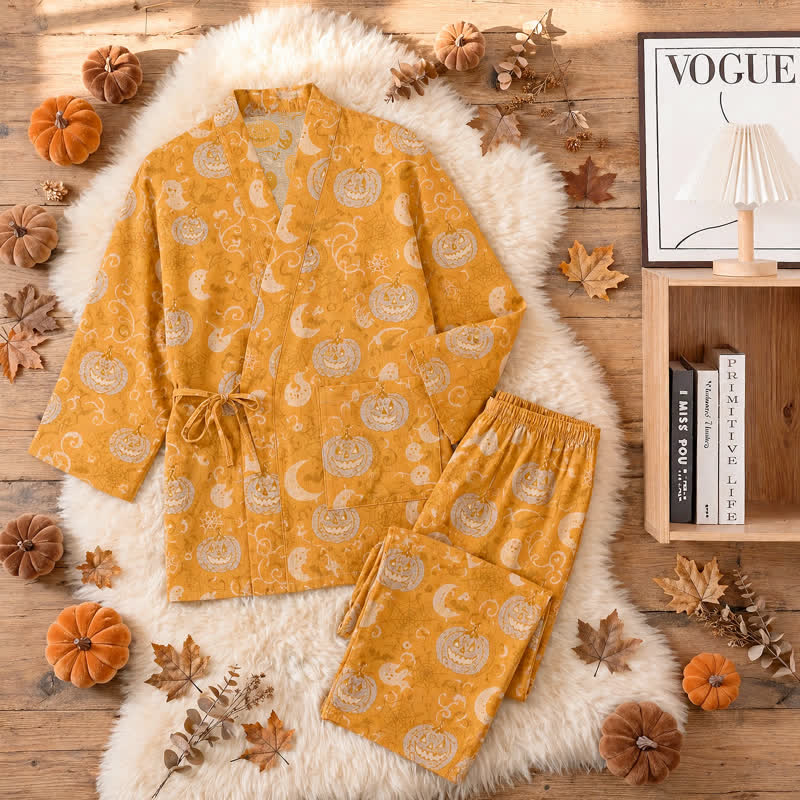Set pigiama kimono in cotone con motivo zucca e fantasma di Halloween - image 3