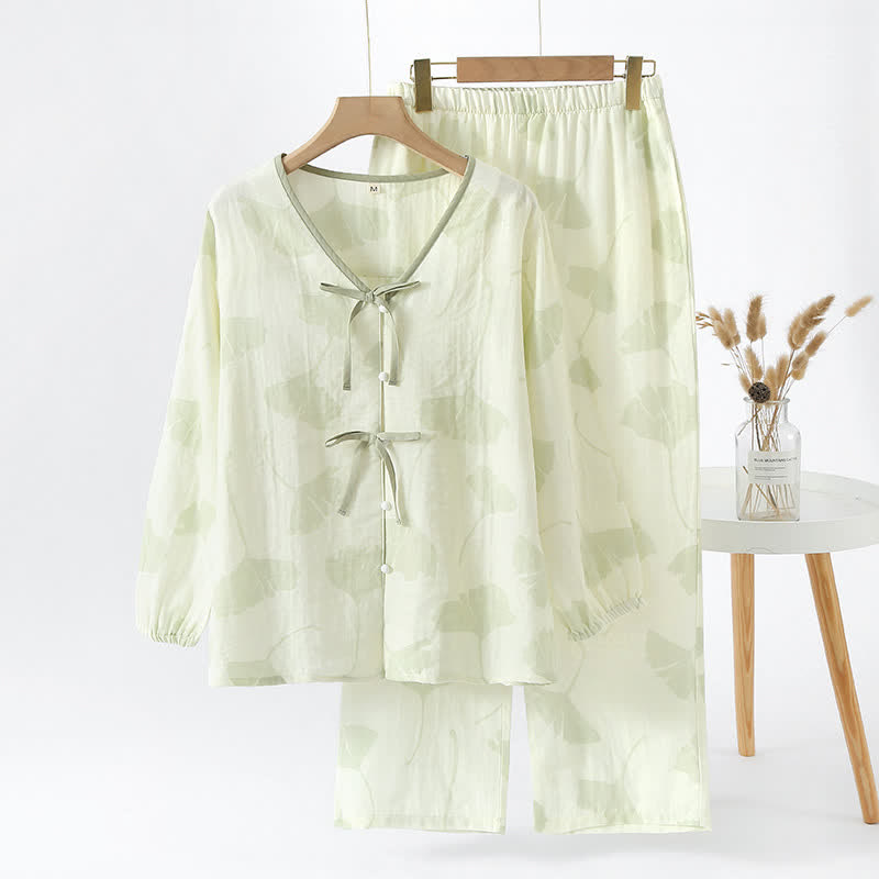 Completo da casa in cotone con fiocco e foglie di ginkgo