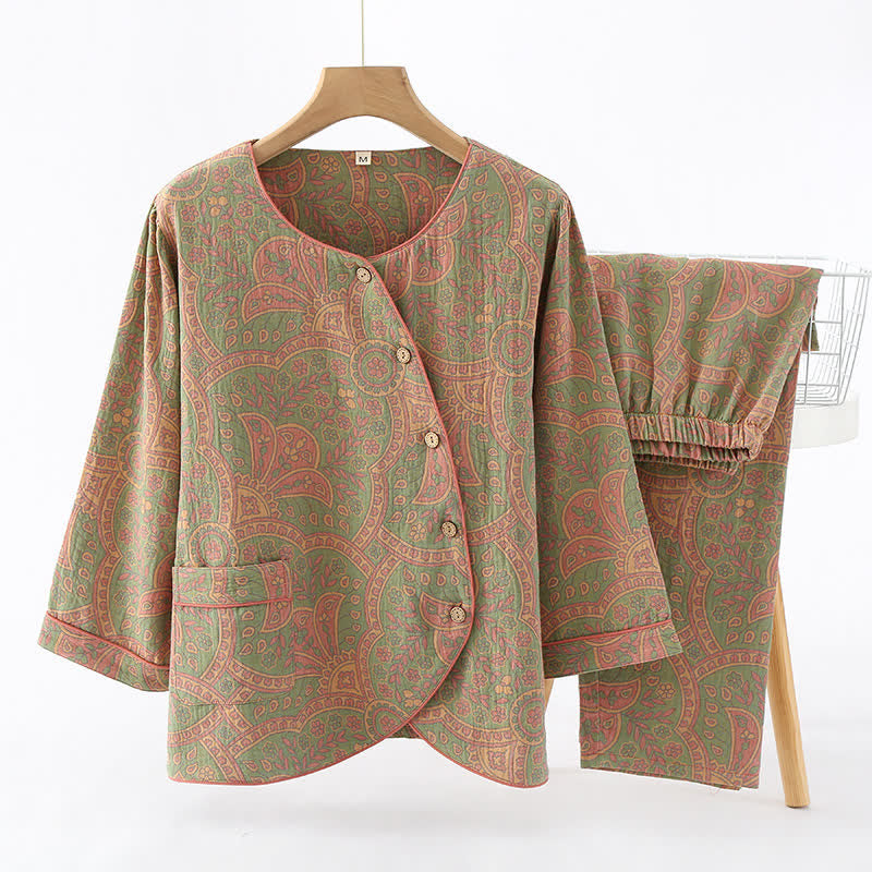 Completo da casa vintage in jacquard con scollo rotondo - Verde chiaro e rosa - XL - image 11