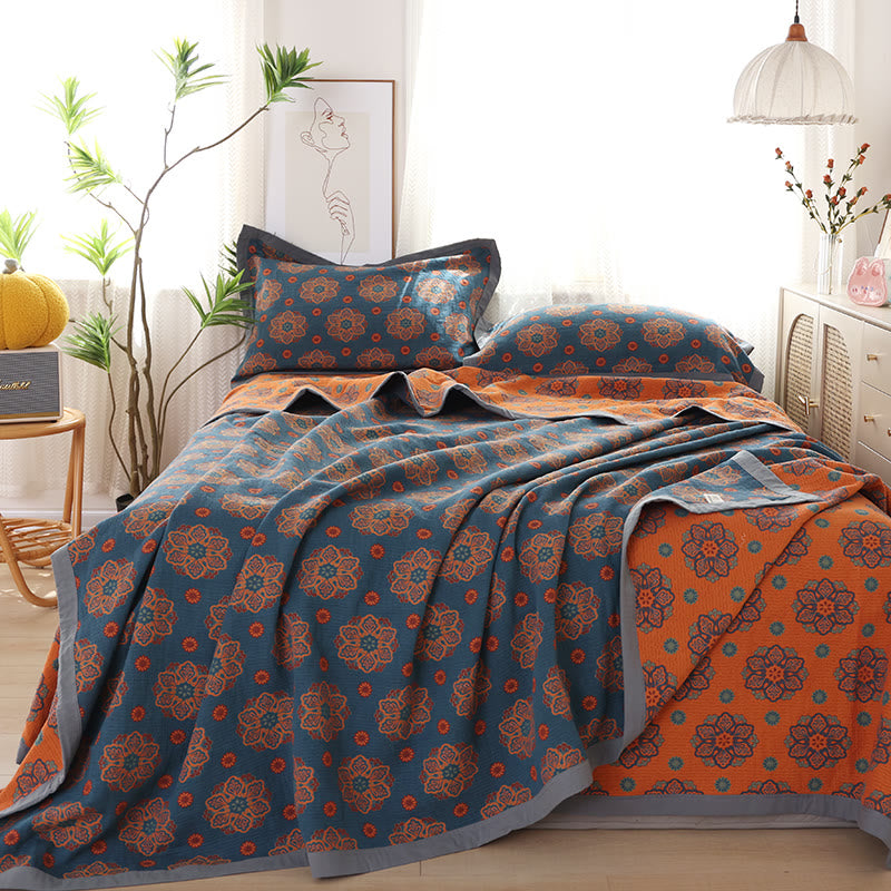 Trapunta reversibile in garza di cotone intrecciata a fiori - 2 federe - Blu e arancione - 50cm x 80cm - image 1