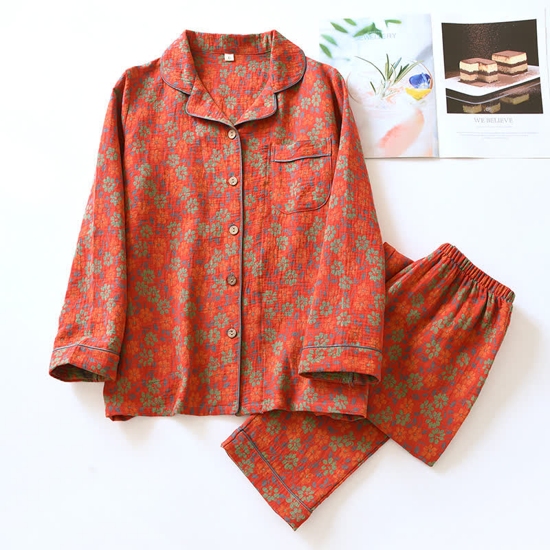 Pigiama in garza di cotone con fiori jacquard