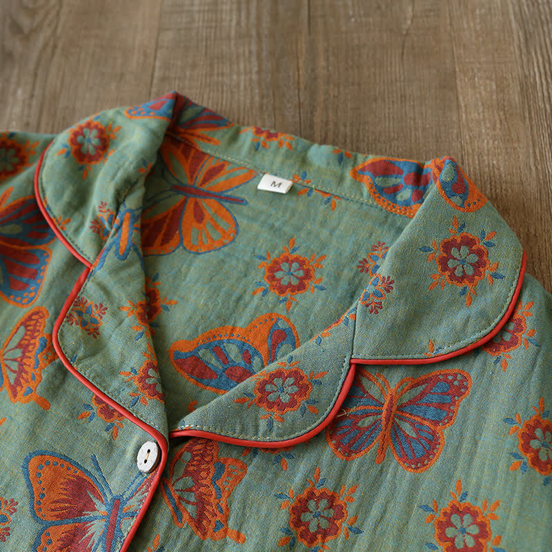 Completo da casa in cotone con stampa a farfalla vintage