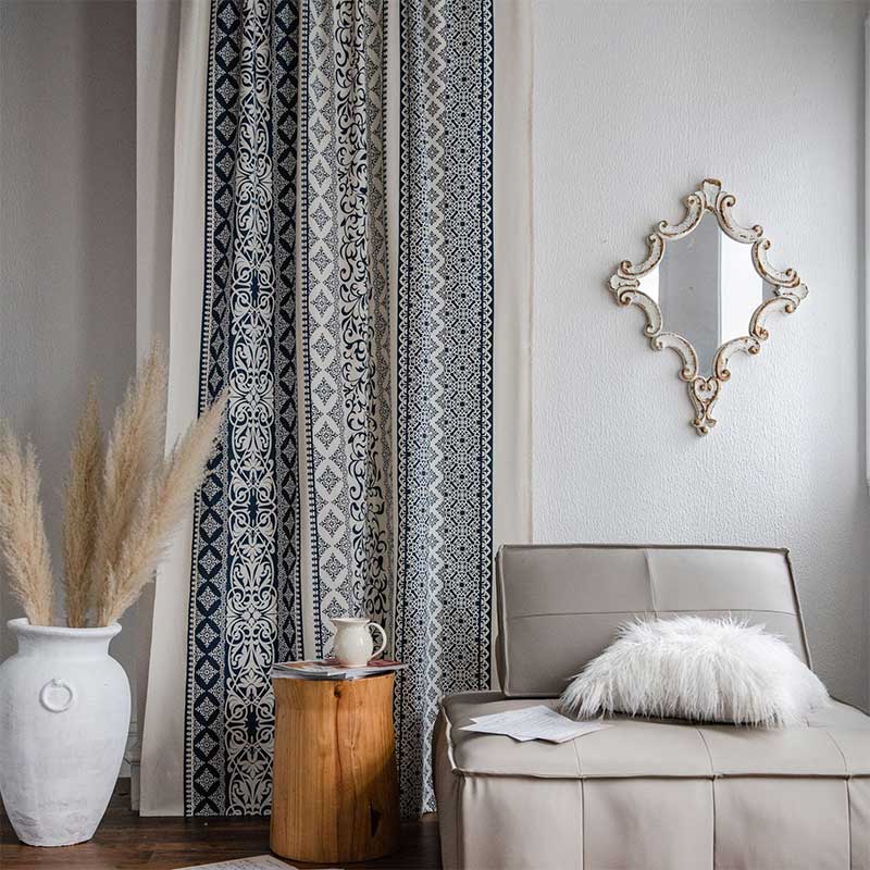 Tenda in cotone e lino con motivo blu
