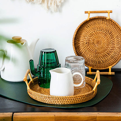 Vassoio rotondo in rattan intrecciato a mano Ownkoti con manici
