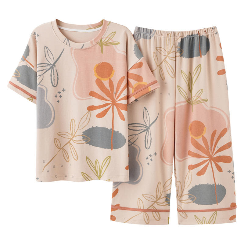 Completo da casa in cotone con stampa di fiori e foglie