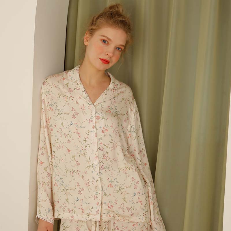 Ownkoti - Camicia da notte a maniche lunghe con scollo a V in raso floreale