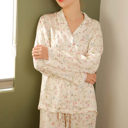 Ownkoti - Camicia da notte a maniche lunghe con scollo a V in raso floreale