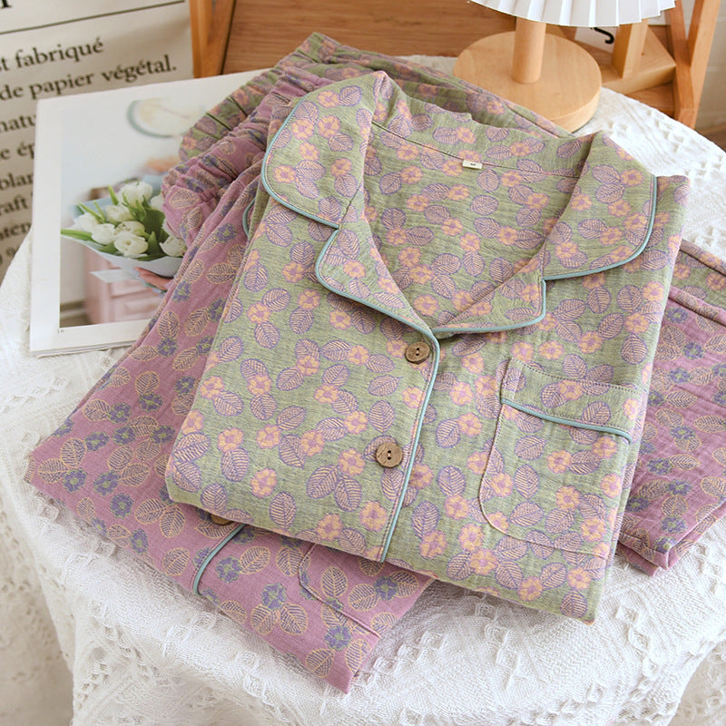 Pigiama in puro cotone jacquard a foglie
