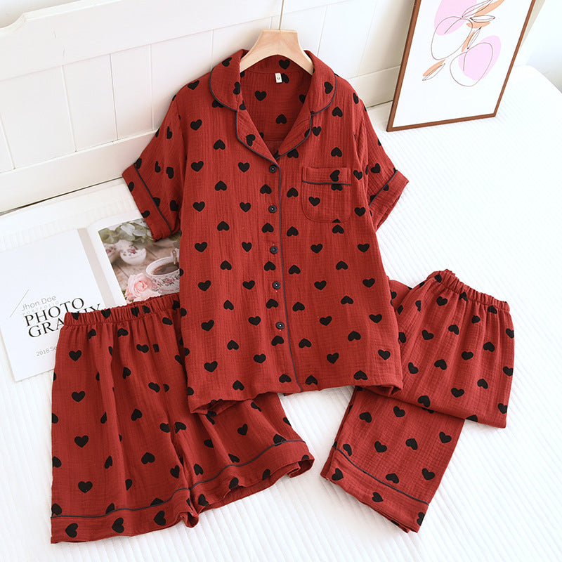 Set pigiama in puro cotone con stampa a cuori (3 pezzi) - Rosso - XL - image 1