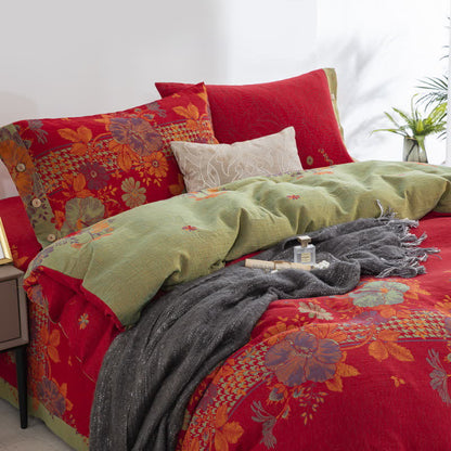 Set di biancheria da letto con bottoni floreali in puro cotone (4 pezzi)