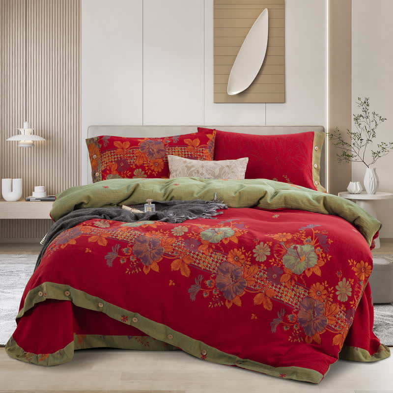 Set di biancheria da letto con bottoni floreali in puro cotone (4 pezzi)