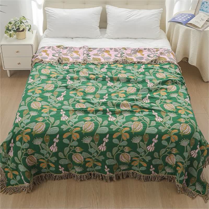 Coperta reversibile in garza di cotone con nappe floreali