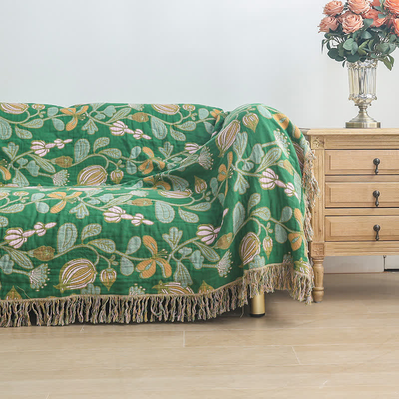 Coperta reversibile in garza di cotone con nappe floreali
