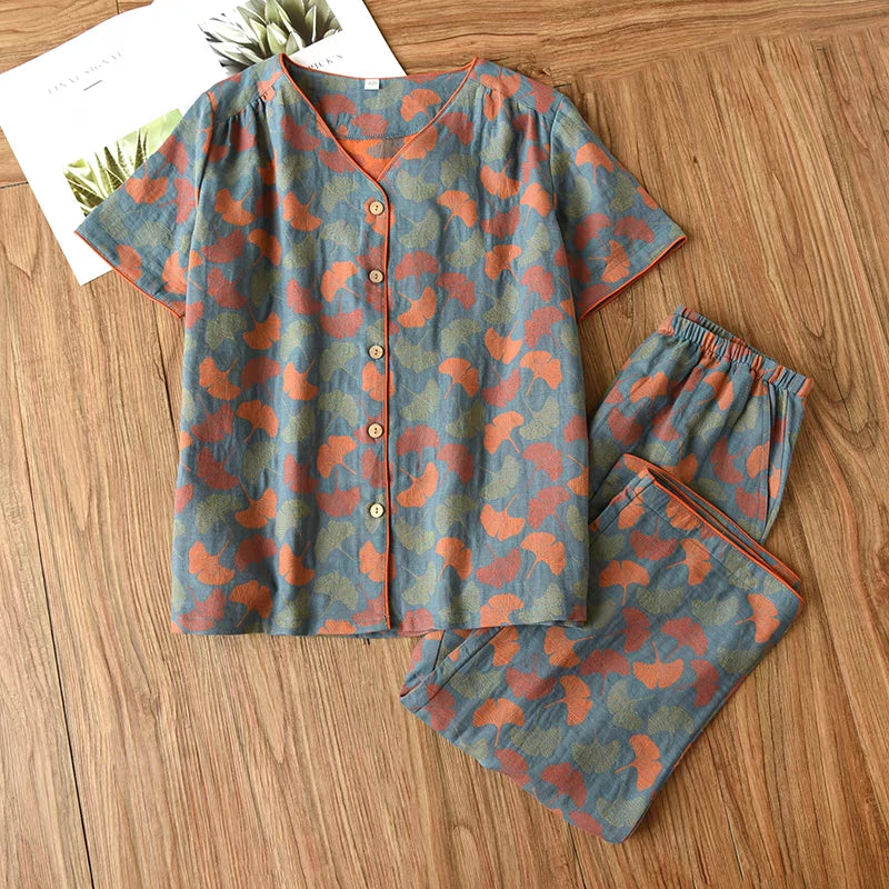 Loungewear corto con scollo a V in jacquard con foglie di ginkgo