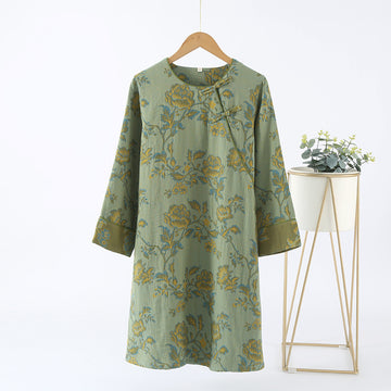 Camicia da notte floreale in garza di cotone a scollo tondo - Verde - M - image 0