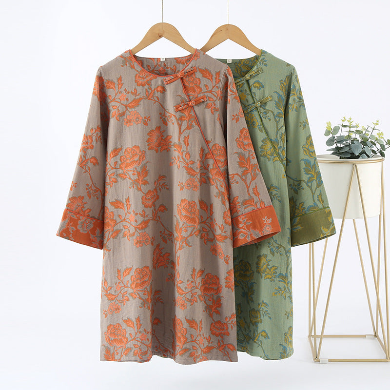 Camicia da notte floreale in garza di cotone a scollo tondo