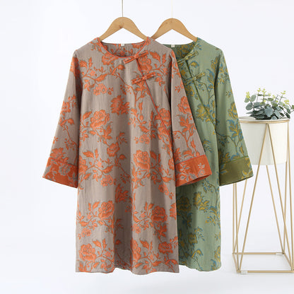 Camicia da notte floreale in garza di cotone a scollo tondo