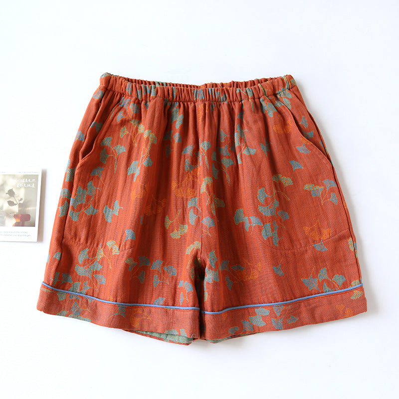 Pantaloncini da pigiama in garza di cotone con foglie di ginkgo