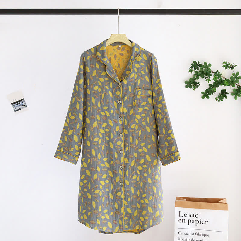 Camicia da notte in cotone con bottoni e motivo a foglia