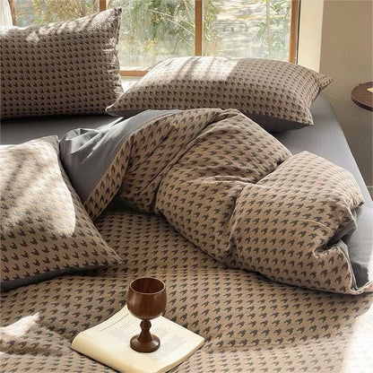 Set di biancheria da letto in cotone a doppia garza con motivo pied de poule (4 pezzi)