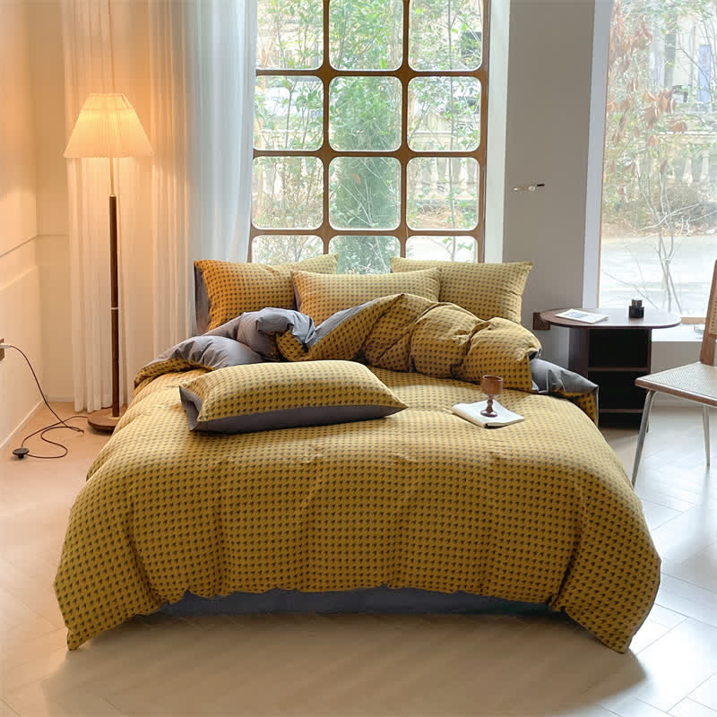 Set di biancheria da letto in cotone a doppia garza con motivo pied de poule (4 pezzi)