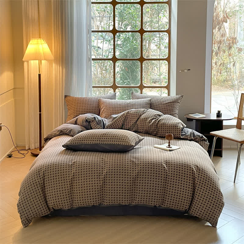 Set di biancheria da letto in cotone a doppia garza con motivo pied de poule (4 pezzi)