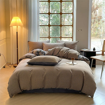 Set di biancheria da letto in cotone a doppia garza con motivo pied de poule (4 pezzi)
