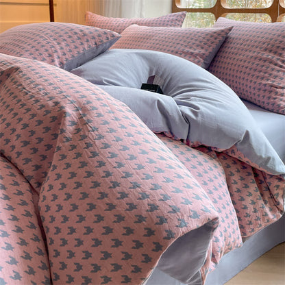 Set di biancheria da letto in cotone a doppia garza con motivo pied de poule (4 pezzi)