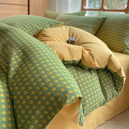 Set di biancheria da letto in cotone a doppia garza con motivo pied de poule (4 pezzi)