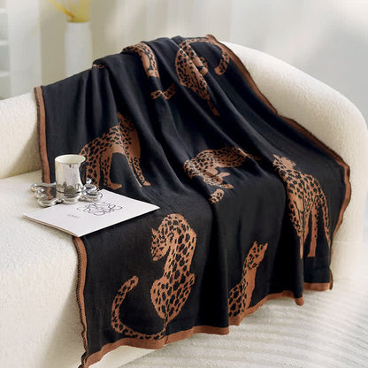Coperta reversibile lavorata a maglia con motivo leopardato retrò