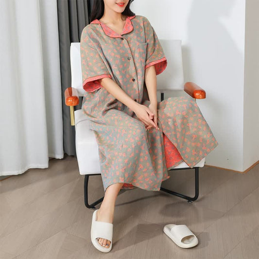 Elegante camicia da notte lunga in garza di cotone a fiori