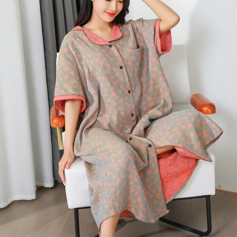 Elegante camicia da notte lunga in garza di cotone a fiori
