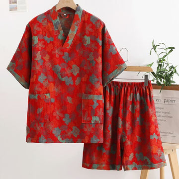 Completo da notte in garza di cotone con scollo a V in stile rurale - Rosso - XL - image 0