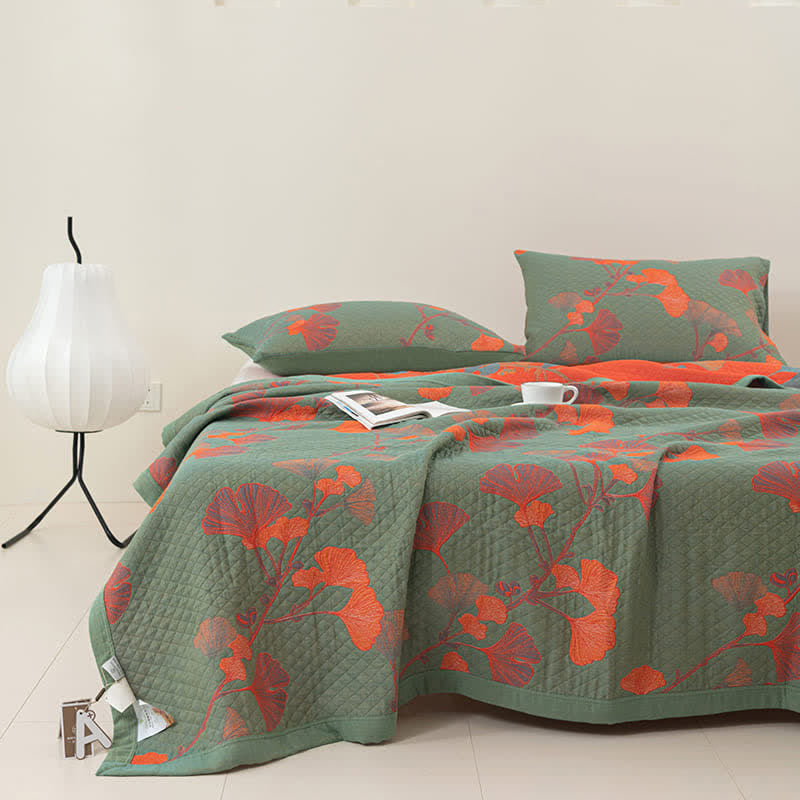 Trapunta reversibile in cotone con foglie di ginkgo arancione - Verde e arancione - Trapunta - Matrimoniale Grande - image 0