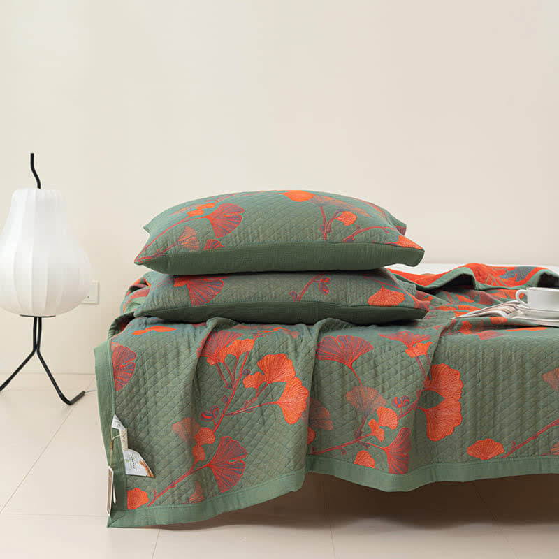 Trapunta reversibile in cotone con foglie di ginkgo arancione - Verde e arancione - 2 federe - 48cm x 74cm - image 4