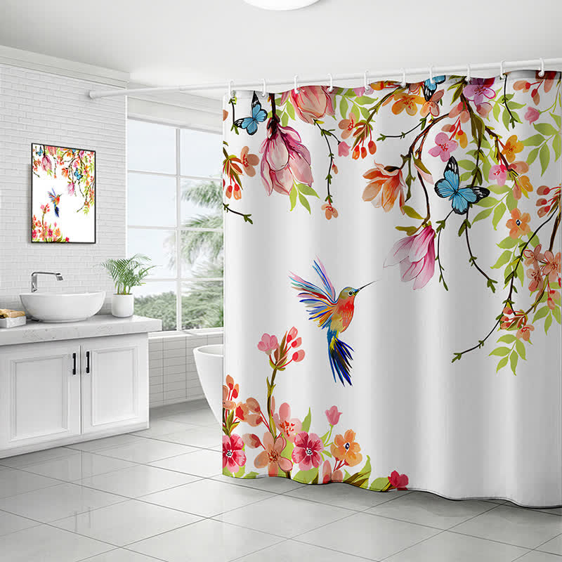 Tenda da doccia impermeabile con uccelli e fiori pastorali