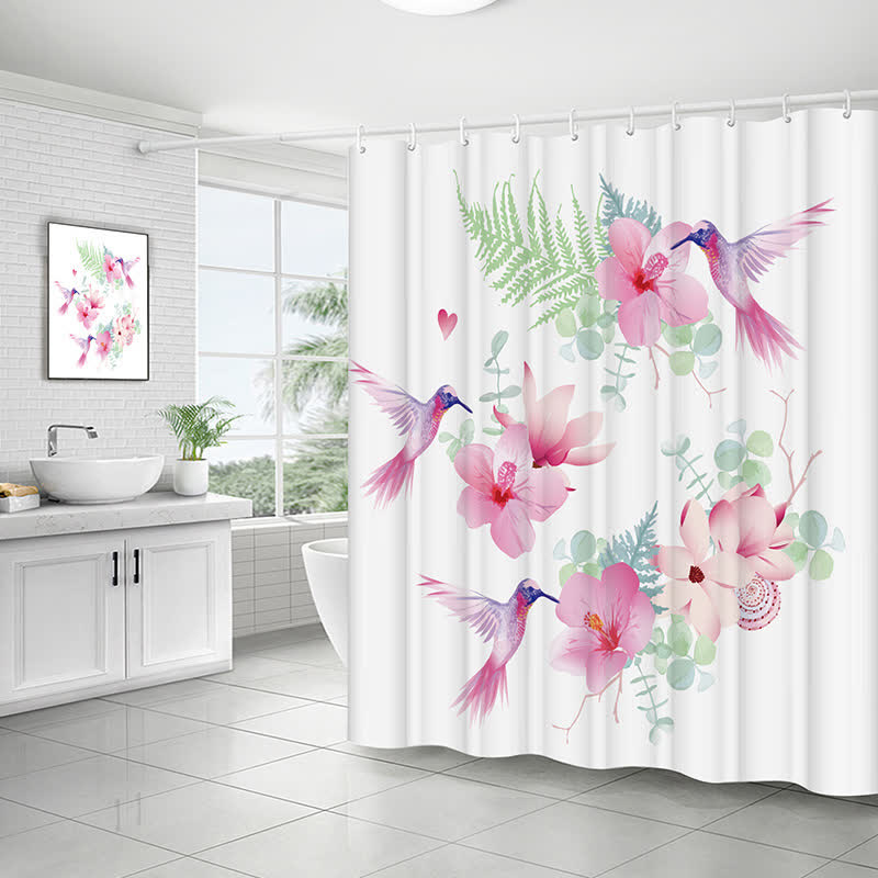 Tenda da doccia impermeabile con uccelli e fiori pastorali