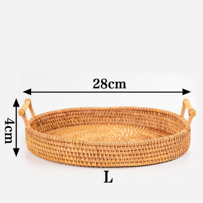 Vassoio rotondo in rattan intrecciato a mano Ownkoti con manici
