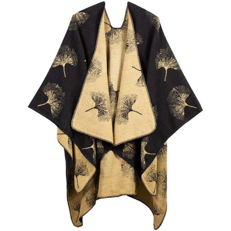 Lussuoso scialle da viaggio con foglie di ginkgo - Nero e cammello - 130cm x 150cm - image 0