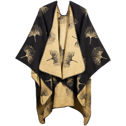 Lussuoso scialle da viaggio con foglie di ginkgo - Nero e cammello - 130cm x 150cm - image 0