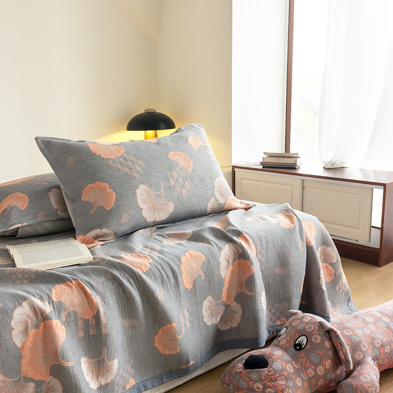 Trapunta in cotone a tre strati con motivo a foglie di ginkgo in jacquard