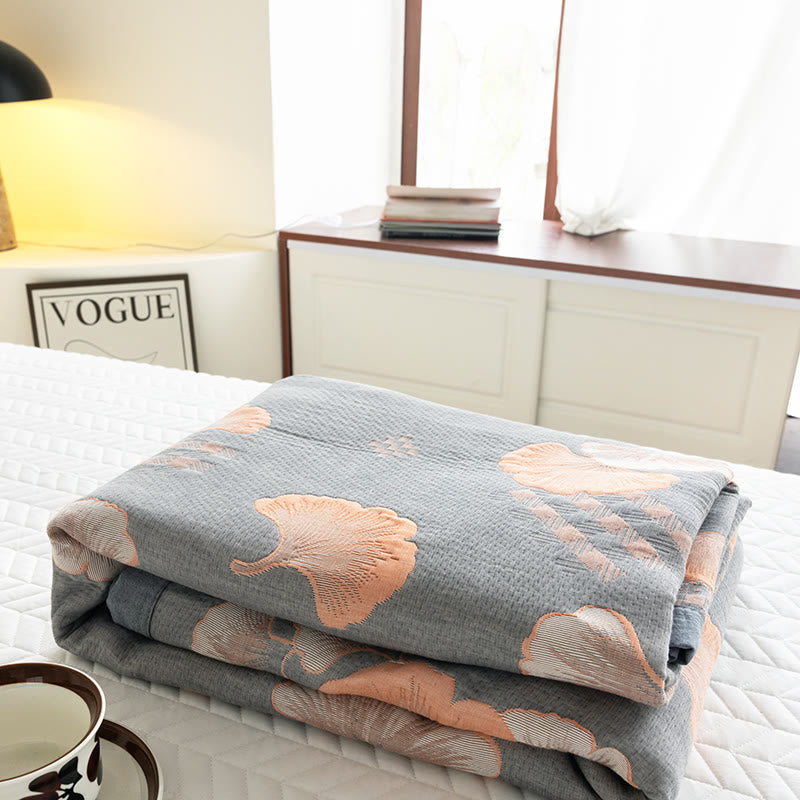 Trapunta in cotone a tre strati con motivo a foglie di ginkgo in jacquard