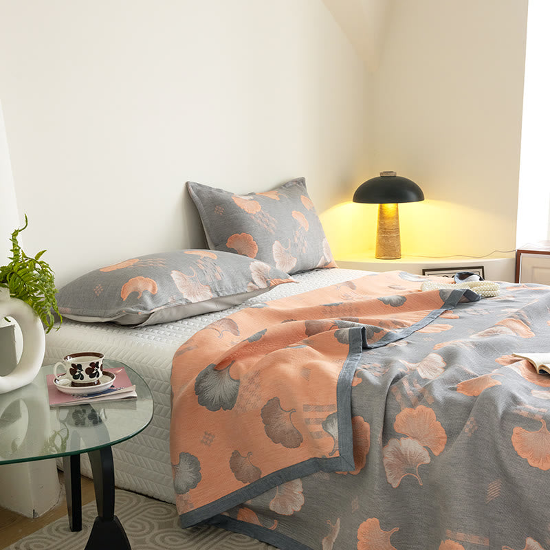 Trapunta in cotone a tre strati con motivo a foglie di ginkgo in jacquard