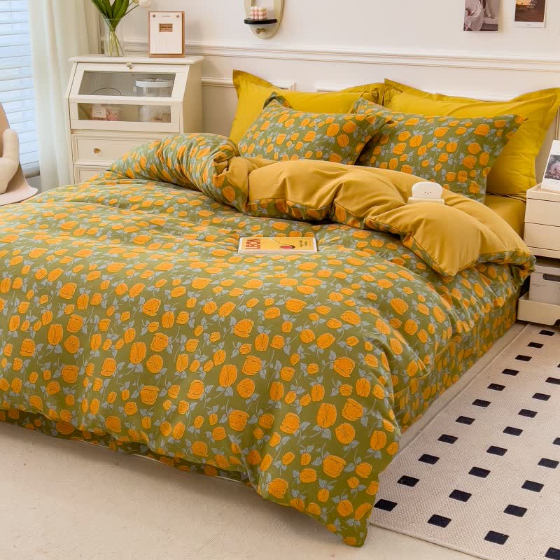 Collezione di biancheria da letto rustica con fiori gialli e zenzero